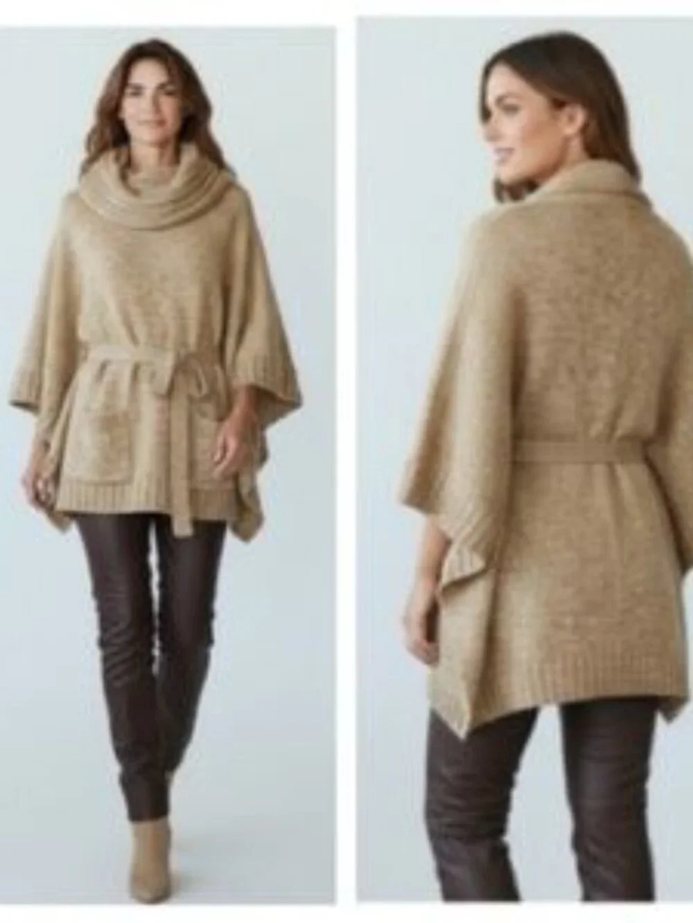 Michael Kors Belted Cowl Neck Poncho Sweater - Pockets & Ribbed Trim sz L/XL EUC